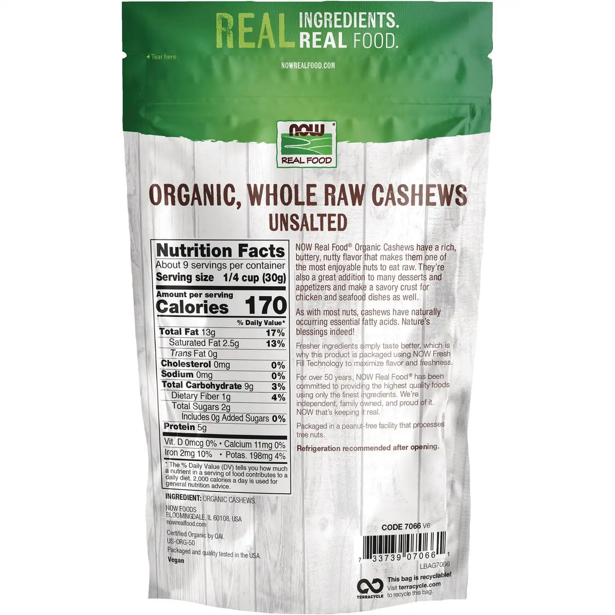 Certified Organic Whole, Raw Cashews - Unsalted